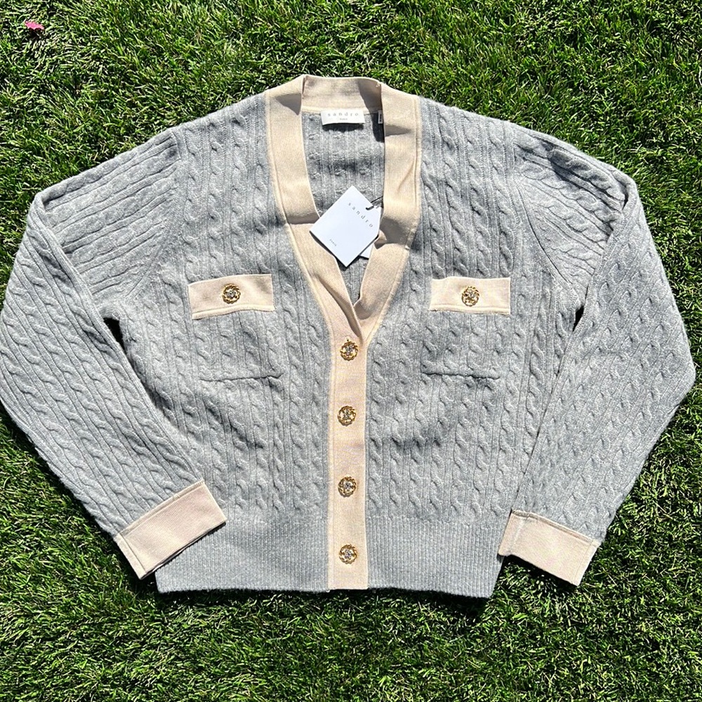 NWT - Sandro Cable Knit Cardigan - Grey - Sz 1/Sz S